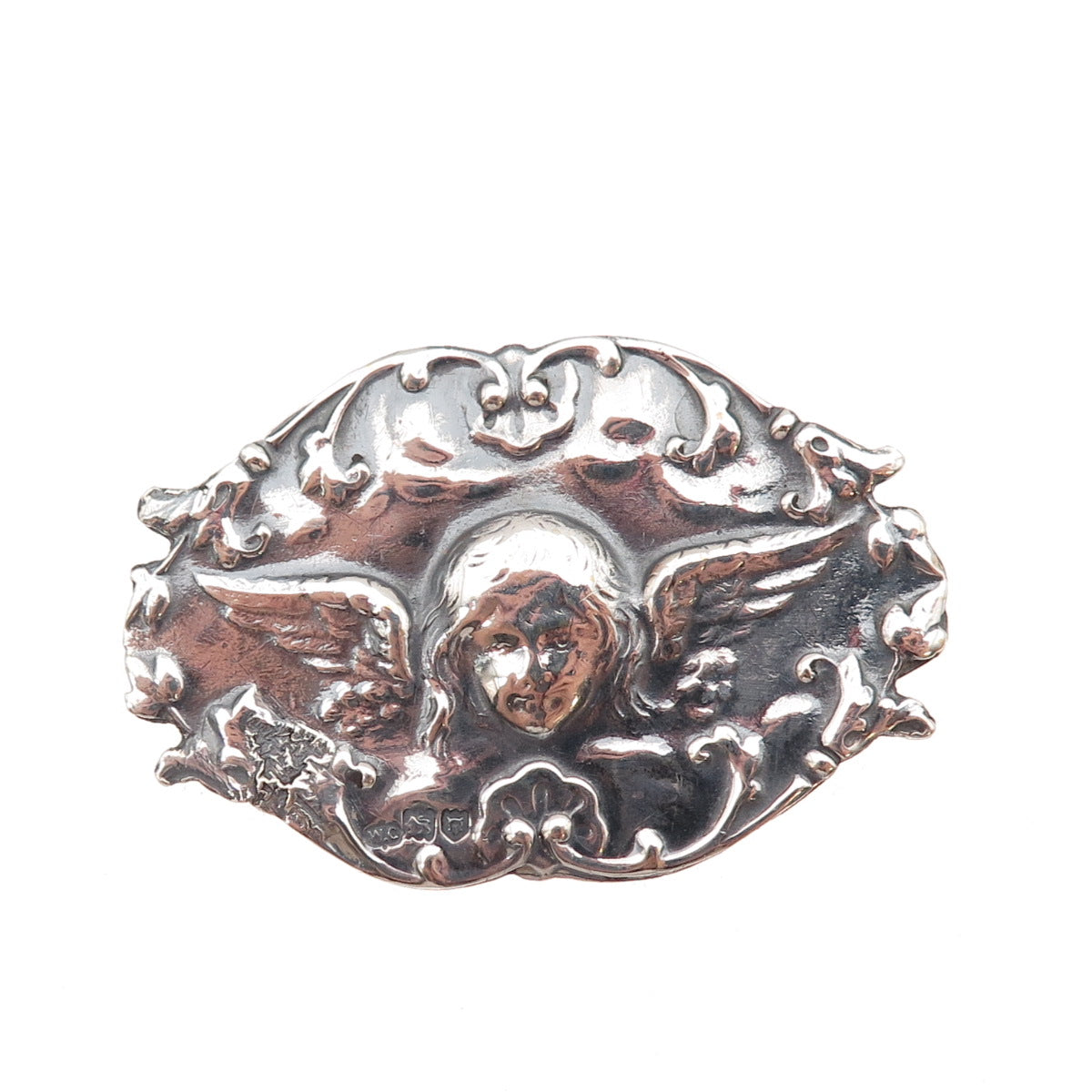 925 Sterling Silver Antique Art Deco Angel Repousse Oxidized Pin Brooch