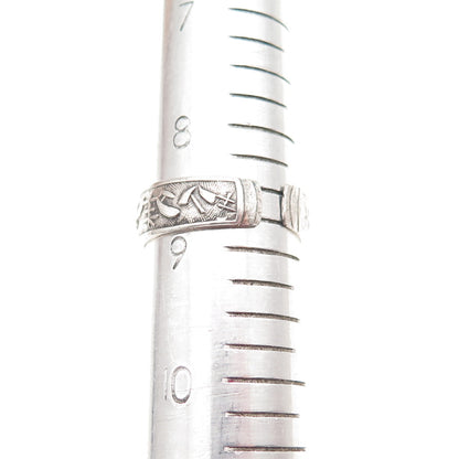 925 Sterling Silver Vintage Japanese Scroll Adjustable Cuff Ring Size 8.75