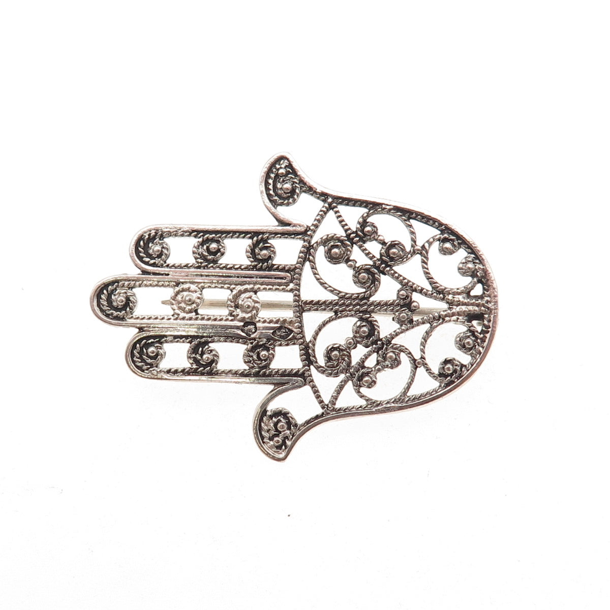 800 Silver Antique Art Deco France Hamsa Filigree Oxidized Pin Brooch