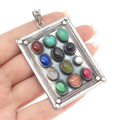 925 Sterling Silver Vintage Pearl Turquoise Lapis Lazuli Tourmaline Gem Pendant