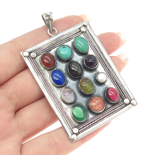 925 Sterling Silver Vintage Pearl Turquoise Lapis Lazuli Tourmaline Gem Pendant