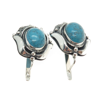 925 Sterling Silver Vintage Real Turquoise Modernist Filigree Floral Earrings