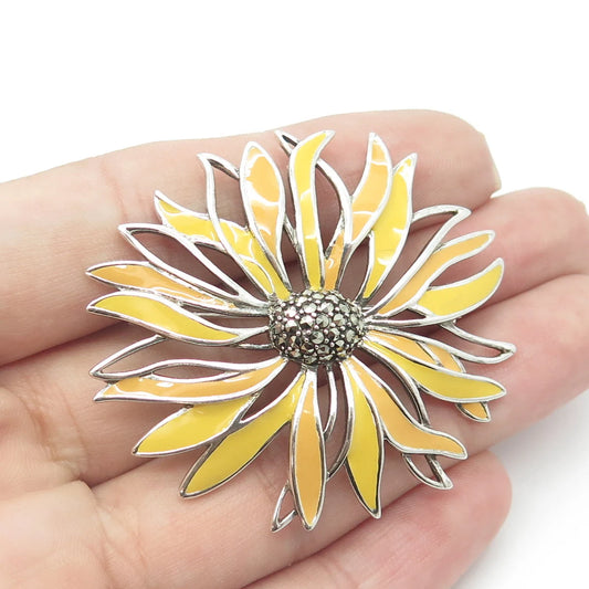 925 Sterling Silver Vintage Real Marcasite Gem & Yellow Enamel Floral Pin Brooch