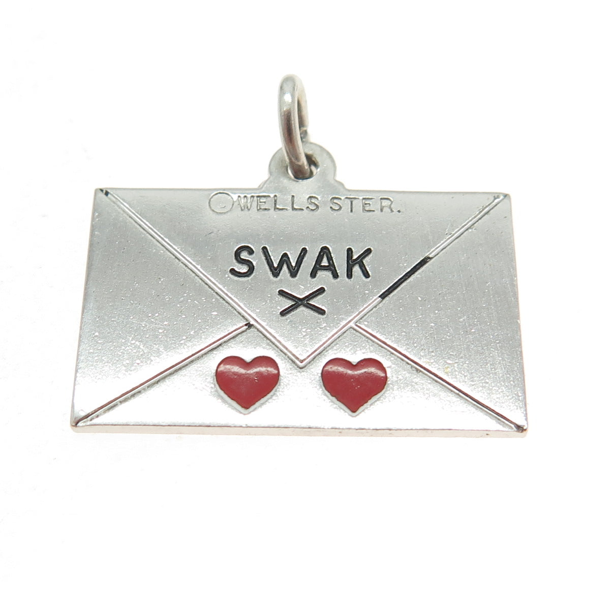 WELLS 925 Sterling Silver Vintage Enamel Sealed With A Kiss Envelope Pendant