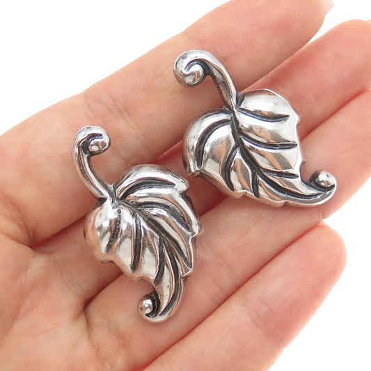 925 Sterling Silver Vintage Mexico Floral Leaf Oxidized Screw Back Earrings