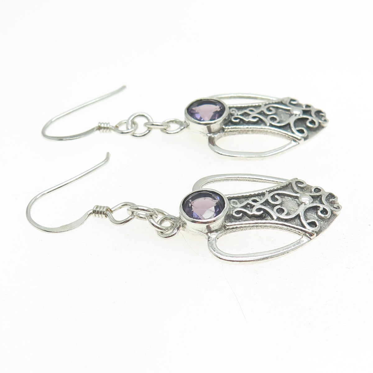 925 Sterling Silver Vintage Real Amethyst Modernist Heart Dangle Earrings