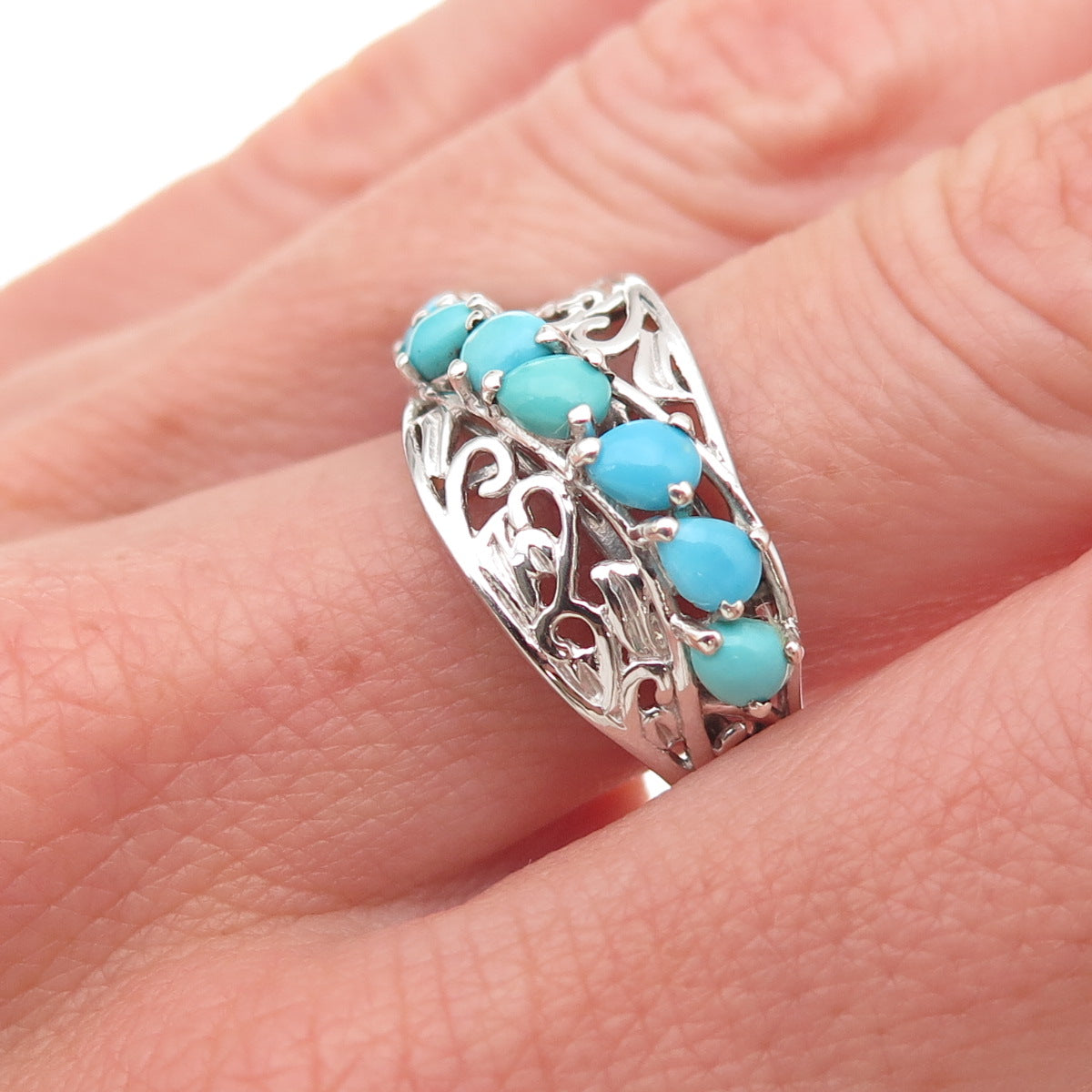 Chuck Clemency 925 Sterling Silver Real Turquoise Floral Ring Size 7.5