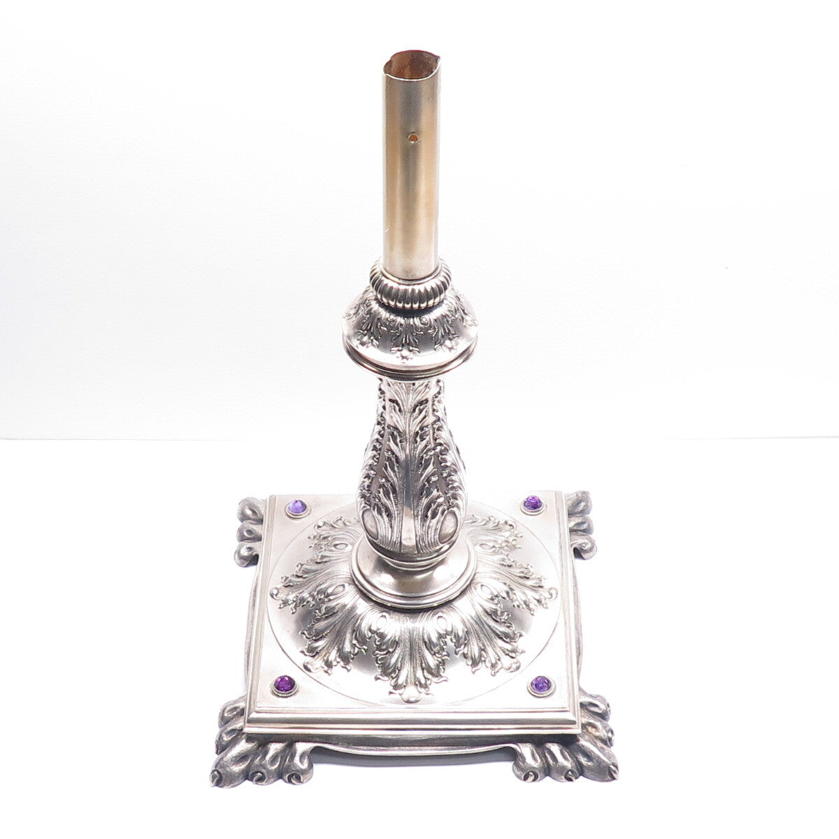 W.J. FEELEY CO. Sterling Silver Antique Amethyst Table Lamp / Candelabra Stand
