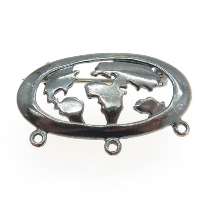 SHUBE 925 Sterling Silver Vintage World Map Oxidized Charm Pin Brooch