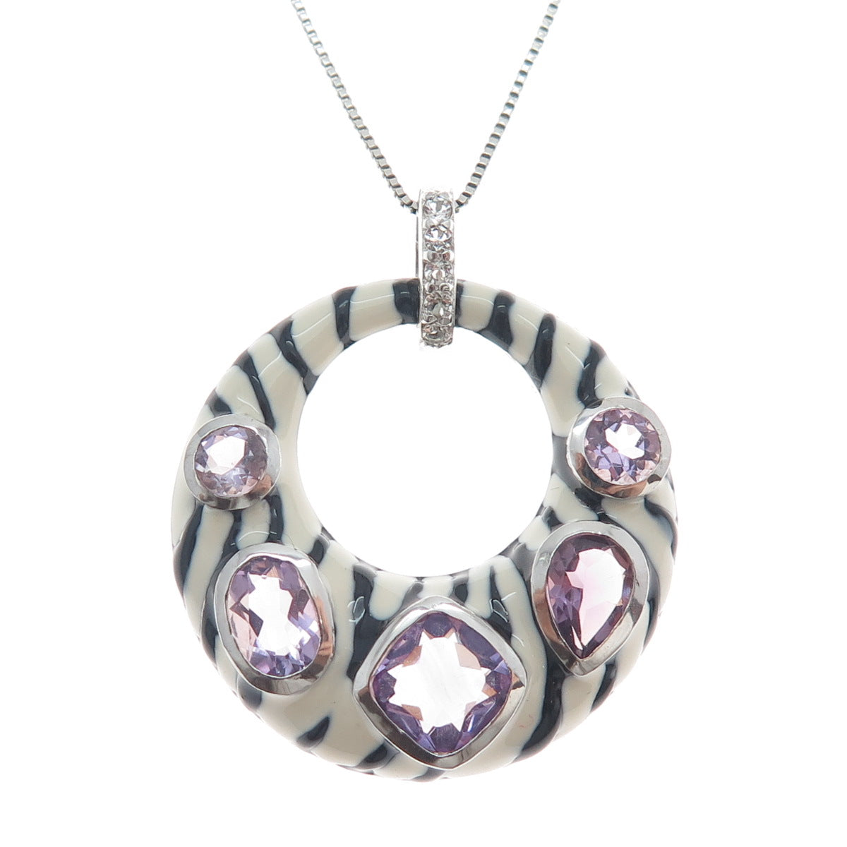925 Sterling Silver Enamel Amethyst & Topaz Zebra Pattern Box Chain Necklace 18"