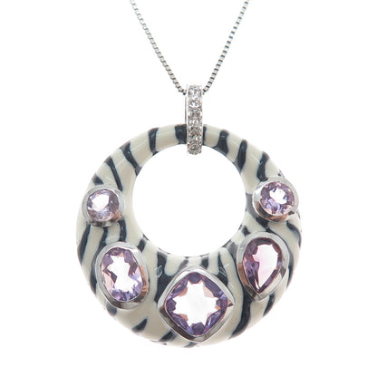 925 Sterling Silver Enamel Amethyst & Topaz Zebra Pattern Box Chain Necklace 18"