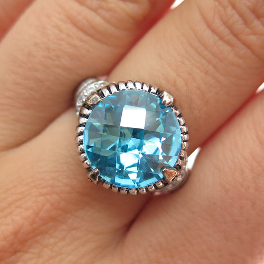925 Sterling Silver Vintage Blue C Z Modernist Oxidized Ring Size 8.5