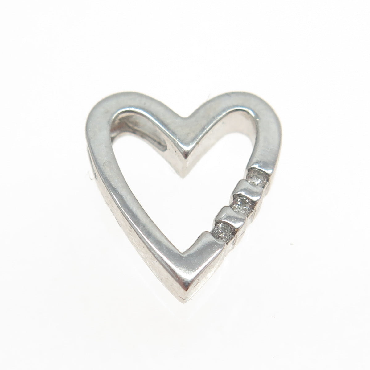 925 Sterling Silver Real Round-Cut Diamond Open Heart Slide Pendant