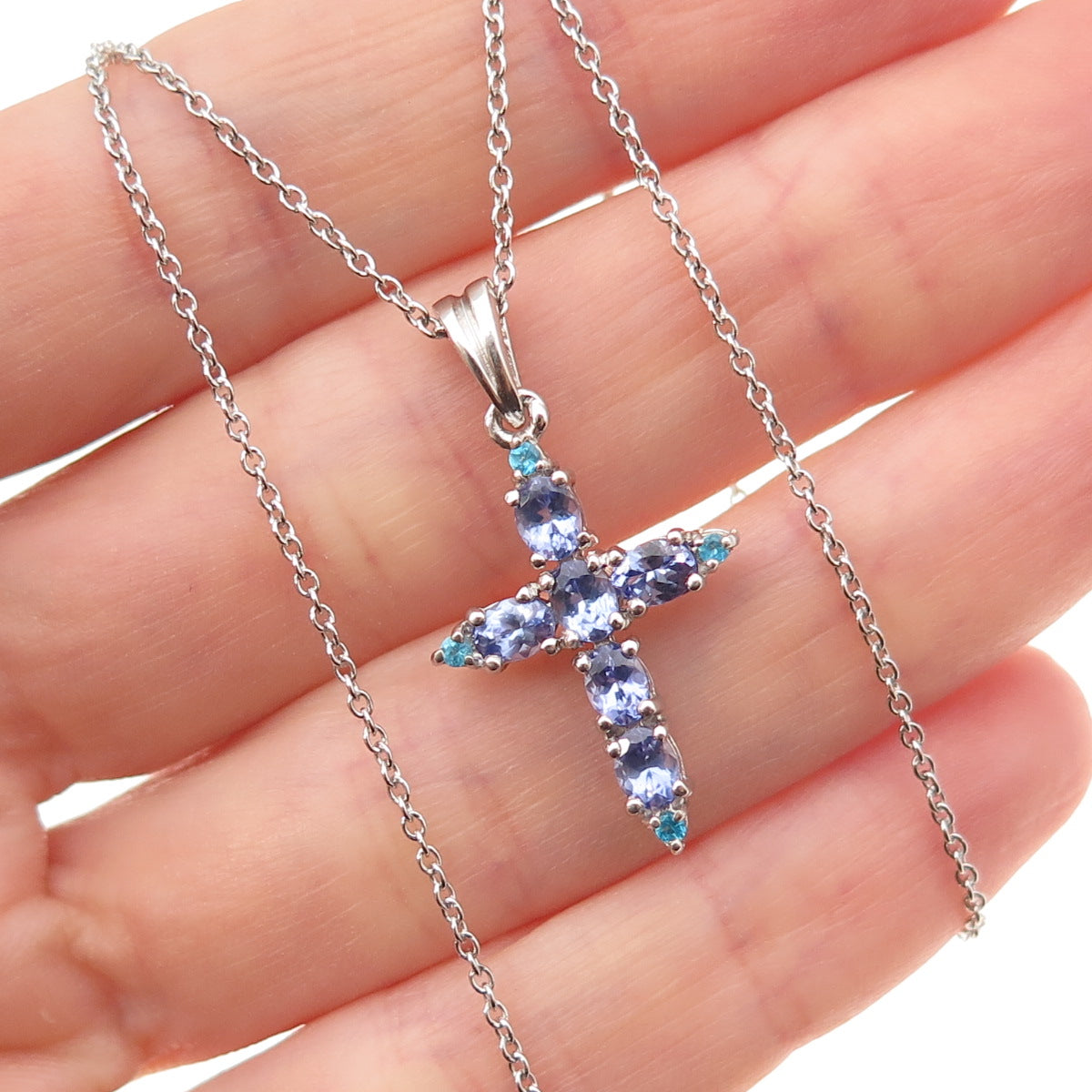 Chuck Clemency 925 Sterling Real Tanzanite & Apatite Cross Chain Necklace 18"