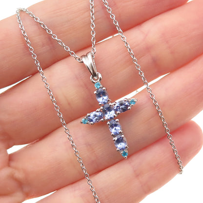 Chuck Clemency 925 Sterling Real Tanzanite & Apatite Cross Chain Necklace 18"