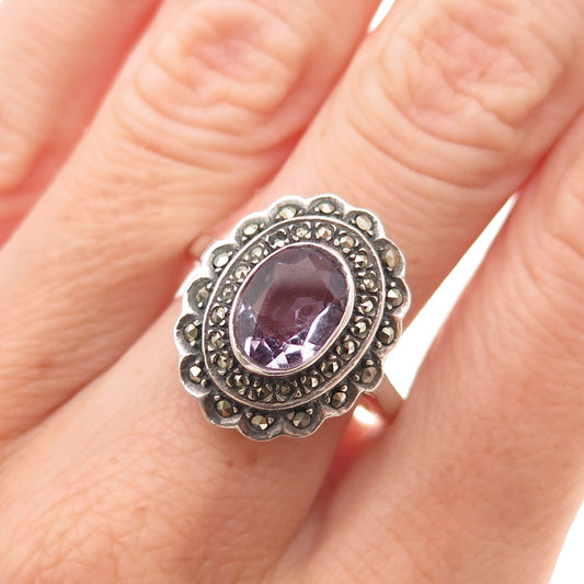 925 Sterling Silver Vintage Real Amethyst & Marcasite Oxidized Ring Size 6.75