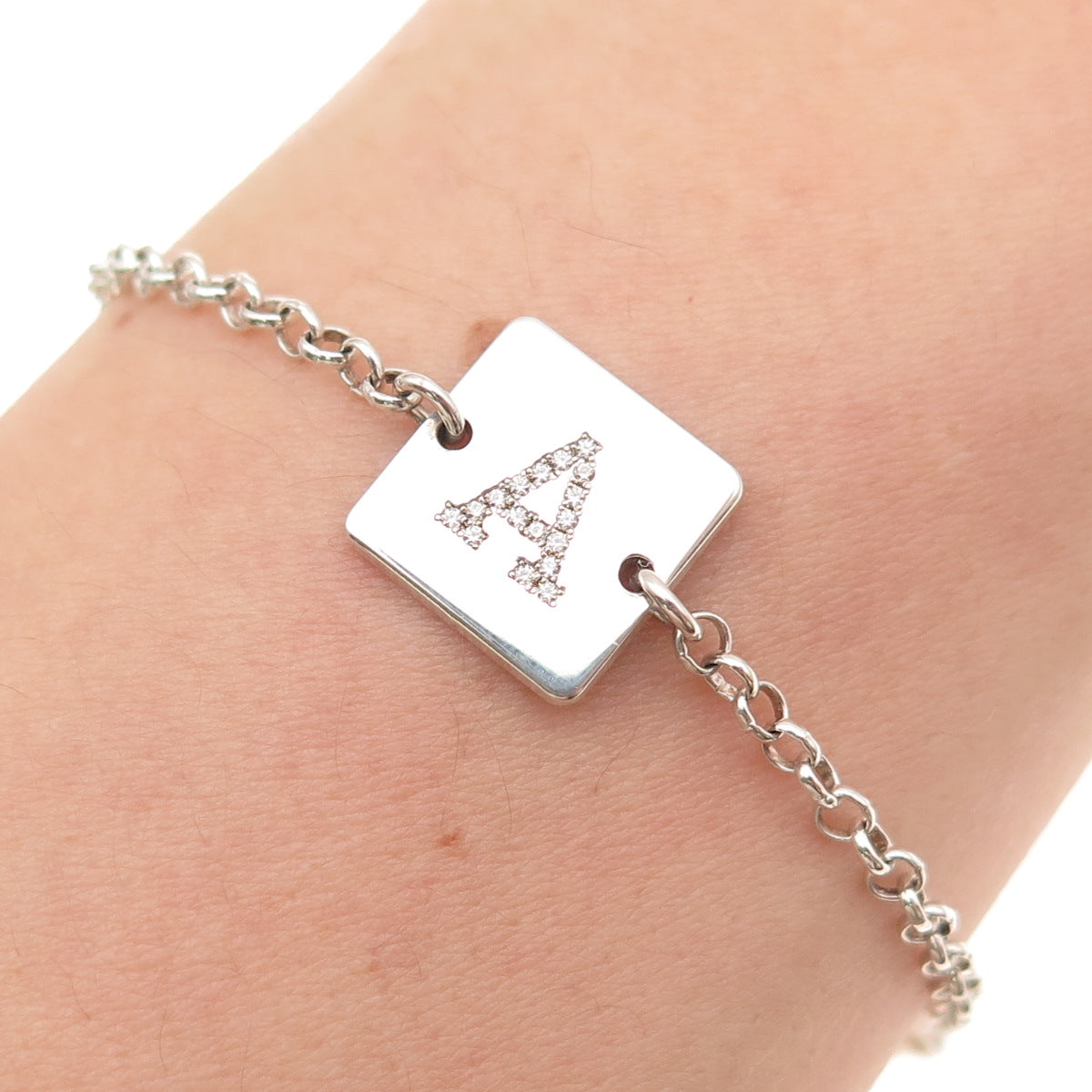925 Sterling Silver Italy Round-Cut C Z Letter A Initial Rolo Link Bracelet 5"