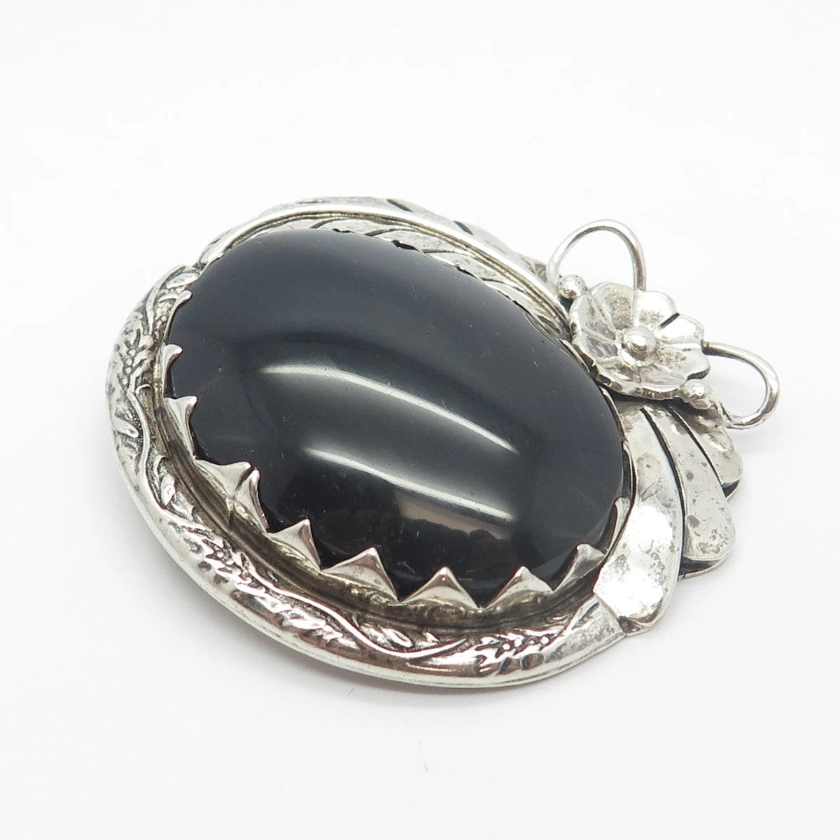 925 Sterling Silver Vintage Mexico Real Black Onyx Gemstone Floral Pin Brooch