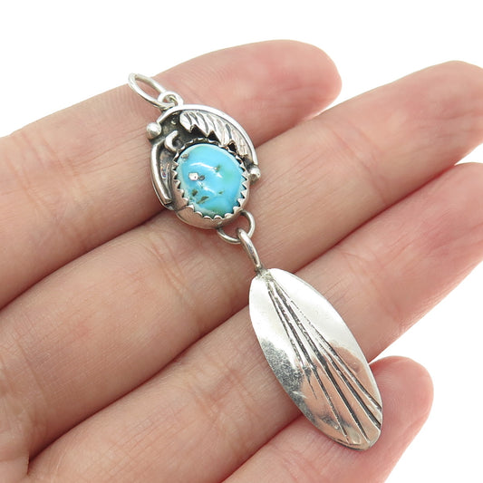 Old Pawn Sterling Silver Southwestern Morenci Turquoise Feather Tribal Pendant