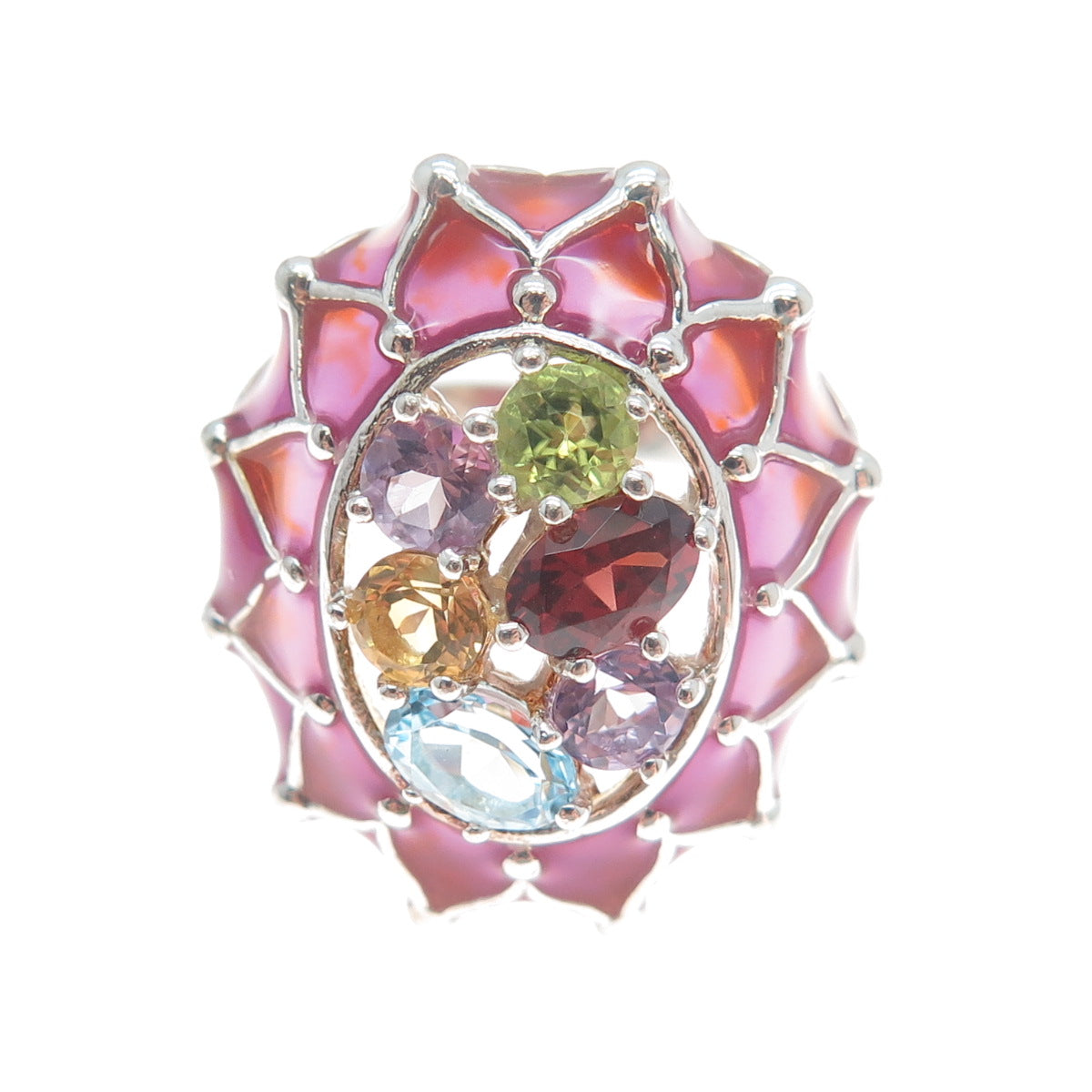 925 Sterling Silver Enamel Topaz Garnet Amethyst Peridot Citrine Ring Size 7.25