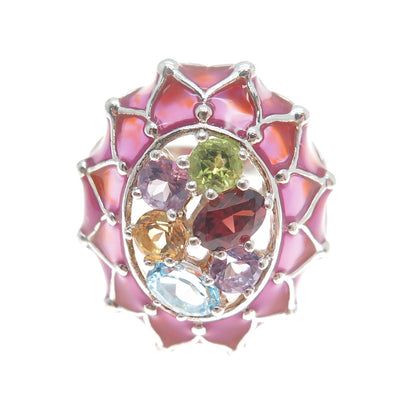 925 Sterling Silver Enamel Topaz Garnet Amethyst Peridot Citrine Ring Size 7.25