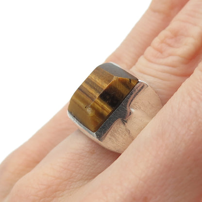 925 Sterling Silver Vintage Mexico Real Tiger Eye Modernist Ring Size 8.75