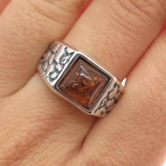 925 Sterling Silver Vintage Real Amber Desert Oxidized Ring Size 8.25