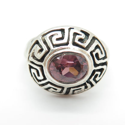 925 Sterling Silver Vintage Real Oval-Cut Tourmaline Greek Maze Ring Size 7.25