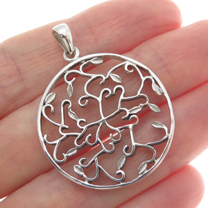 925 Sterling Silver Floral Leaf Scroll Round Charm Pendant