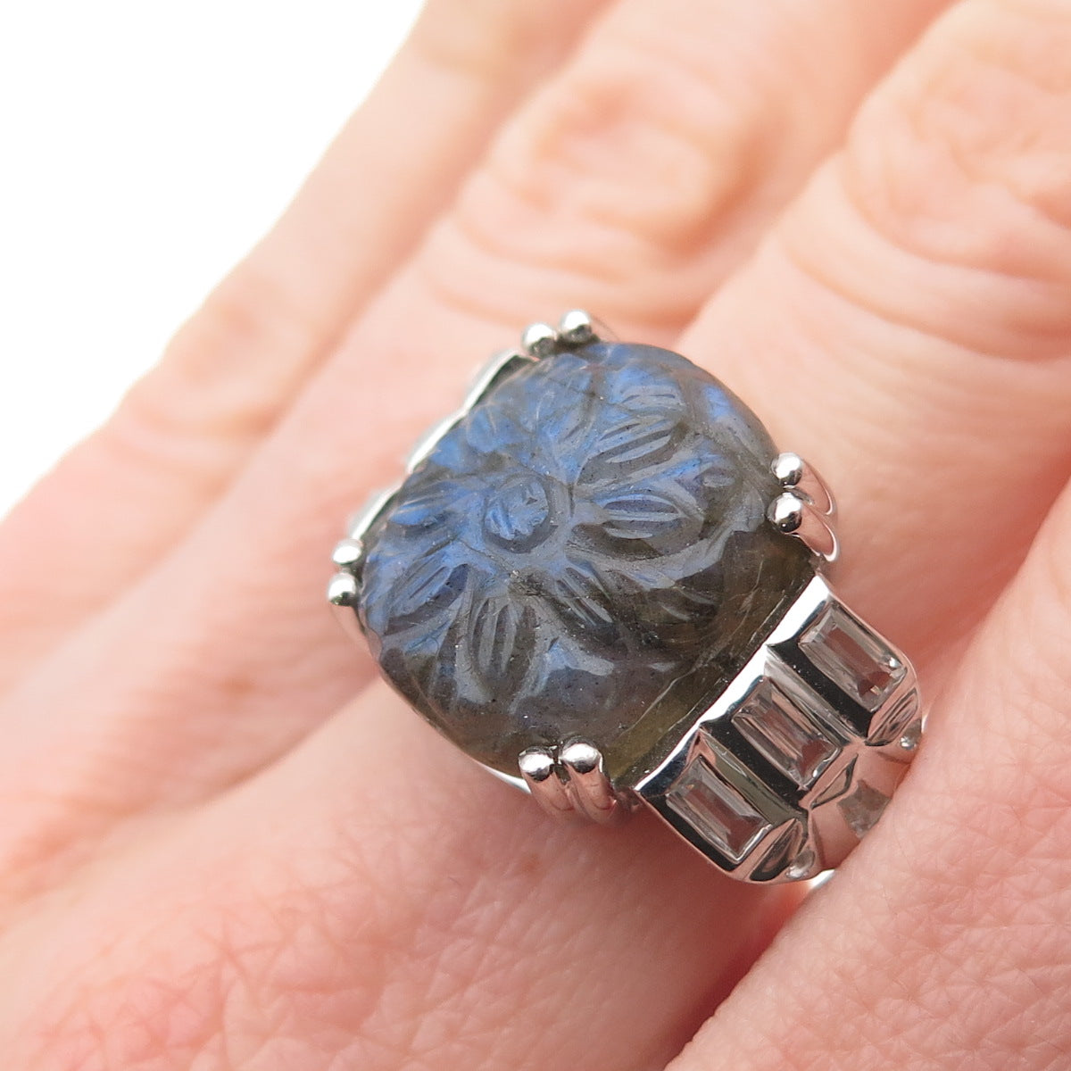 925 Sterling Silver Real Labradorite & White Topaz Carved Flower Ring Size 6.25