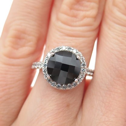 925 Sterling Silver Vintage Real Round-Cut Black Spinel & C Z Ring Size 4.75