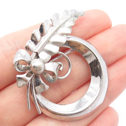 925 Sterling Silver Antique Van Dell Leaf Bow Circle Pin Brooch