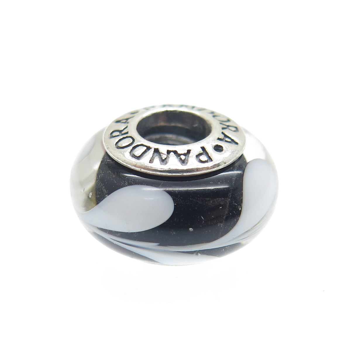 PANDORA 925 Sterling Silver Murano Glass White & Black Branches Bead Charm