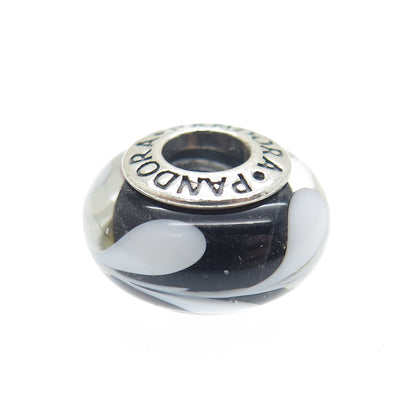 PANDORA 925 Sterling Silver Murano Glass White & Black Branches Bead Charm
