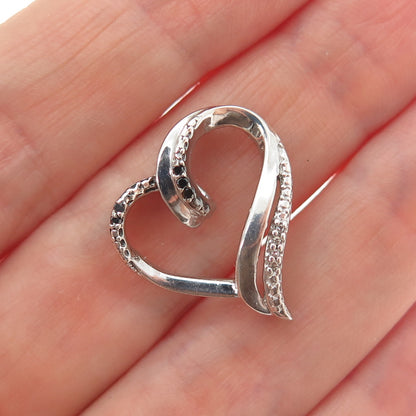 925 Sterling Silver Real Black & White Diamond Heart Minimalist Slide Pendant