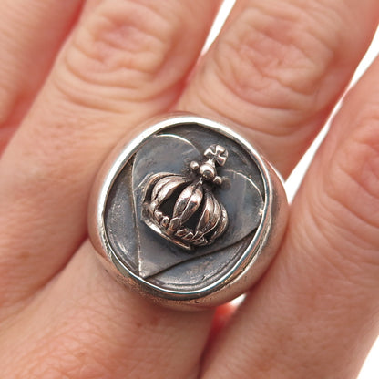 925 Sterling Silver Vintage Royal Crown Heart Oxidized Ring Size 6.25