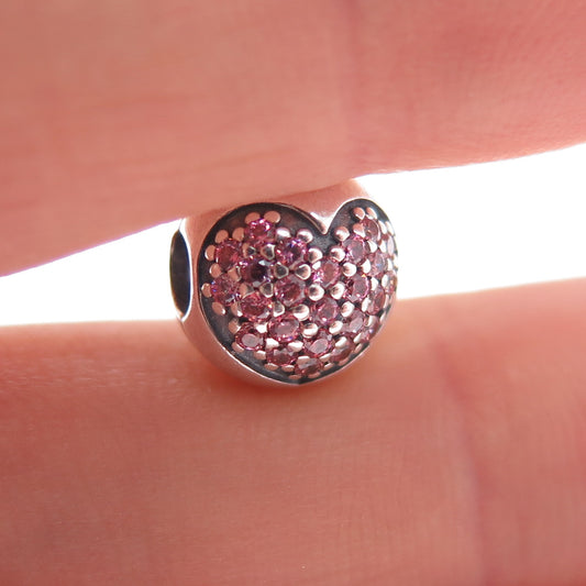 PANDORA 925 Sterling Silver Pink C Z Heart Bead Clip Charm