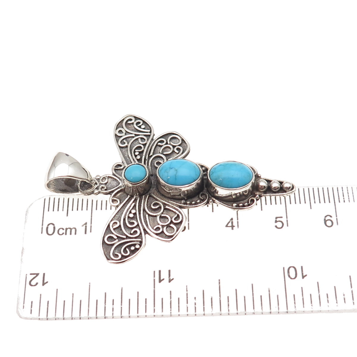 925 Sterling Silver Vintage Real Turquoise Dragonfly Oxidized Charm Pendant