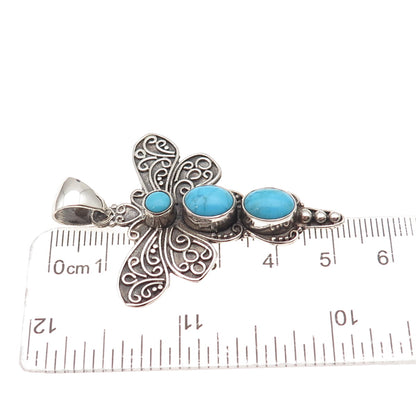 925 Sterling Silver Vintage Real Turquoise Dragonfly Oxidized Charm Pendant