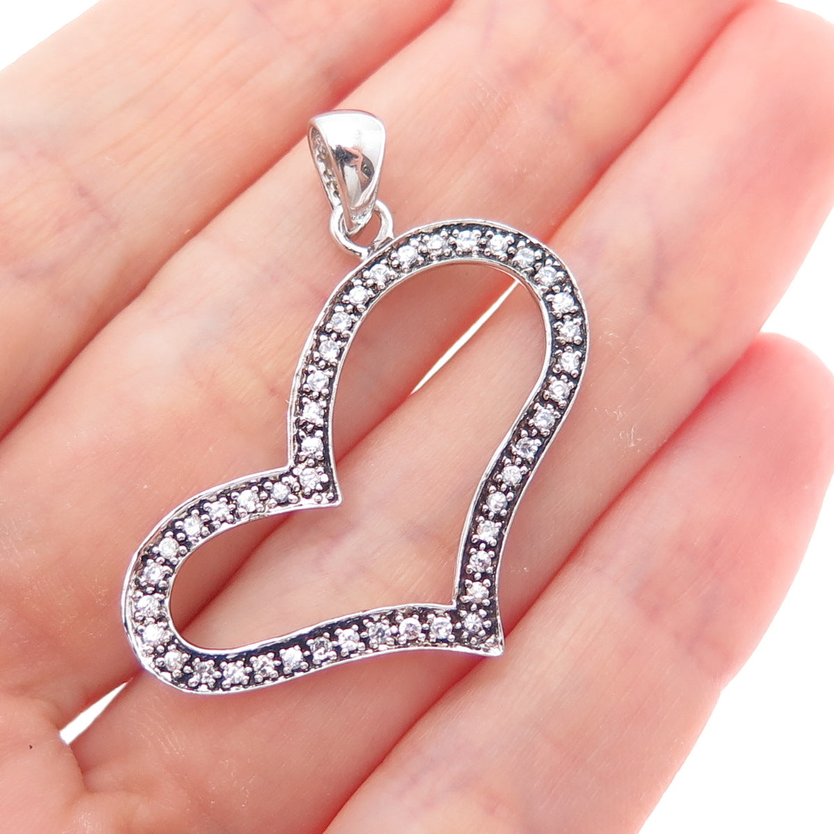 925 Sterling Silver Round-Cut C Z Open Heart Charm Pendant
