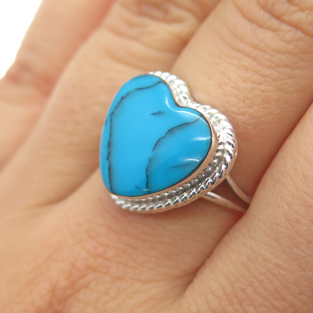 925 Sterling Silver Vintage Mexico Real Turquoise Heart Ring Size 8