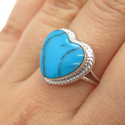 925 Sterling Silver Vintage Mexico Real Turquoise Heart Ring Size 8