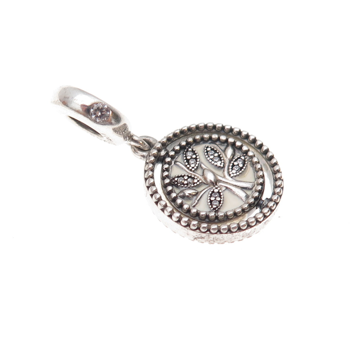 Pandora 925 Sterling Silver Enamel & C Z Spinning Family Tree Dangle Charm