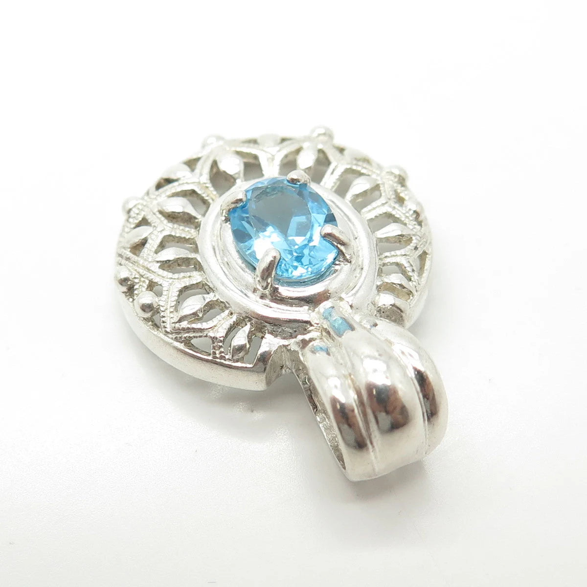 925 Sterling Silver Vintage Real Blue Topaz Gemstone Ornate Pendant