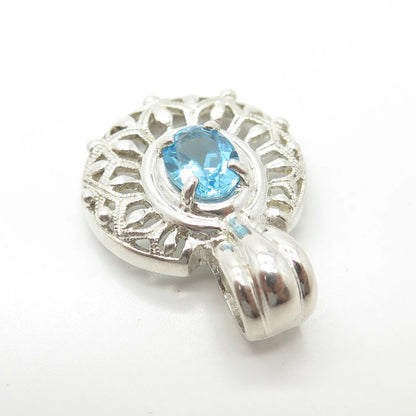 925 Sterling Silver Vintage Real Blue Topaz Gemstone Ornate Pendant