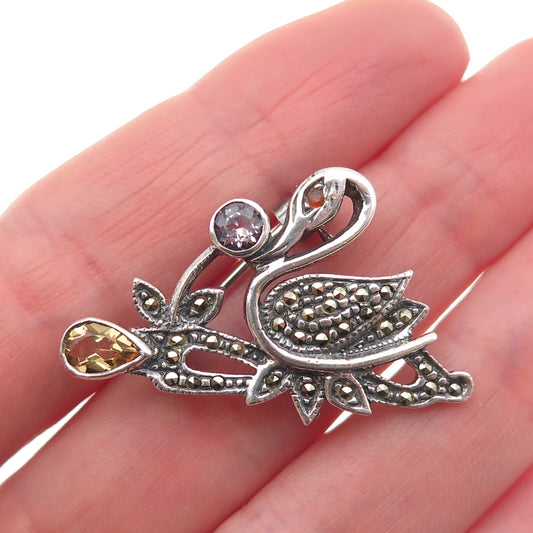925 Sterling Vintage Real Amethyst Citrine Red Garnet Marcasite Swan Pin Brooch