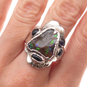 925 Sterling Silver Vintage Real Boulder Opal & Amethyst Modernist Ring Size 10