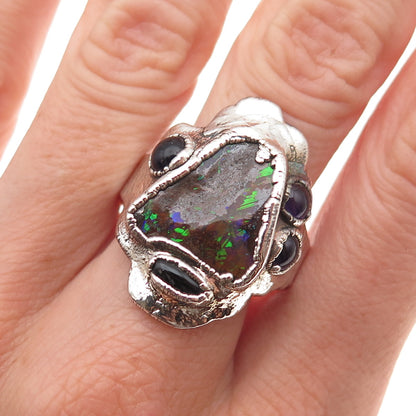 925 Sterling Silver Vintage Real Boulder Opal & Amethyst Modernist Ring Size 10