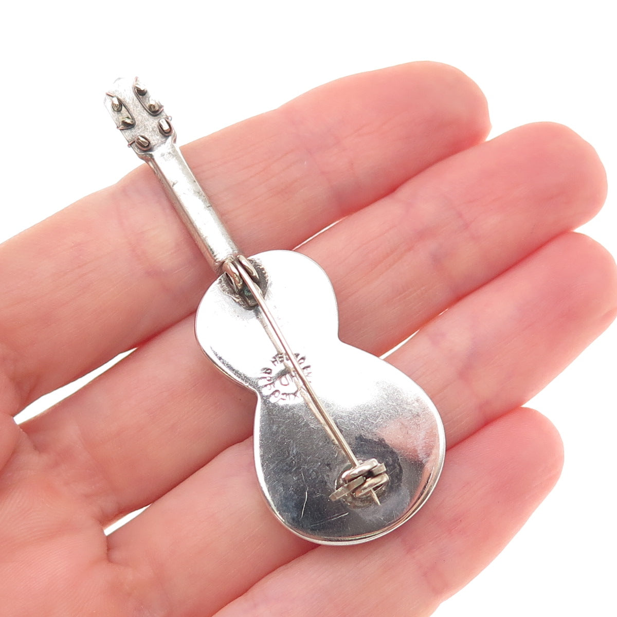 925 Sterling Silver 2-Tone Vintage Mexico Guitar Oxidized Pin Brooch