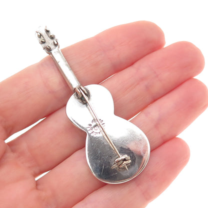 925 Sterling Silver 2-Tone Vintage Mexico Guitar Oxidized Pin Brooch